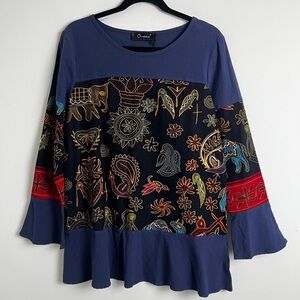 NEW Oneine New Elegance Blue Egyptian Print Artsy Boho 100% Cotton Blouse Top L